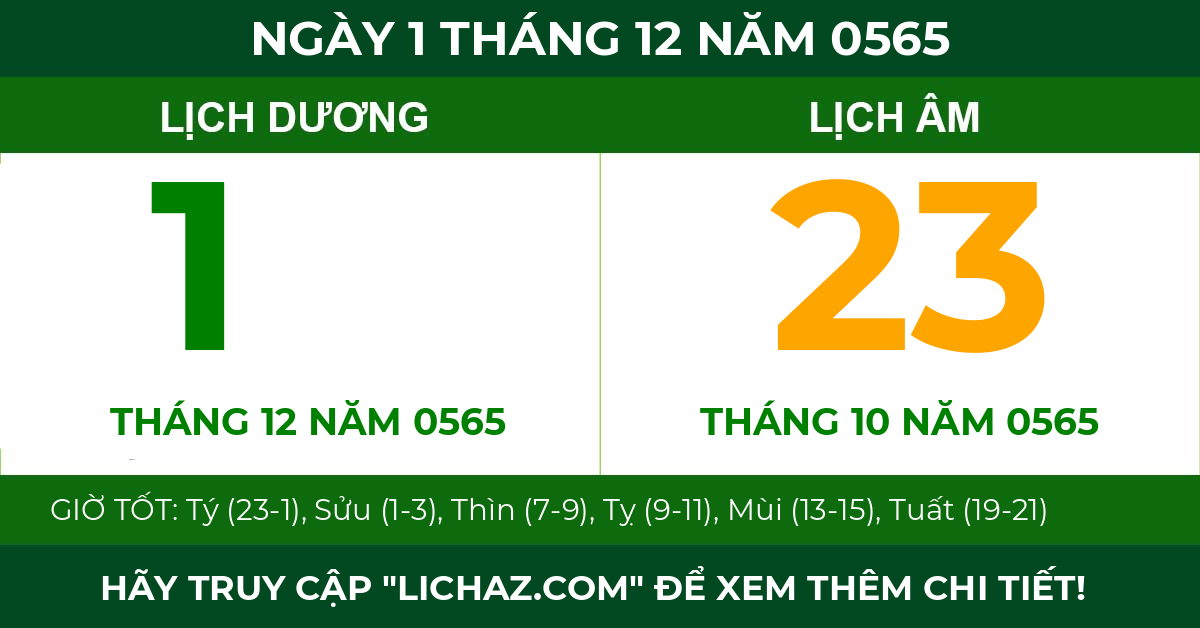 lịch âm ngày 1 tháng 12 năm 0565
