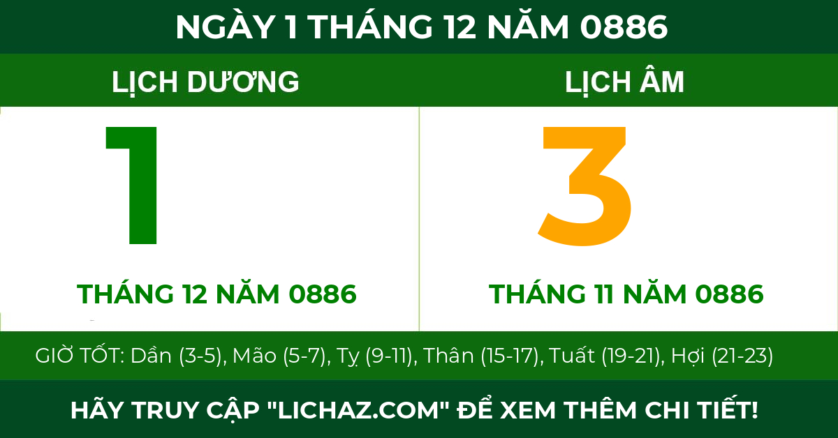 lịch âm ngày 1 tháng 12 năm 0886