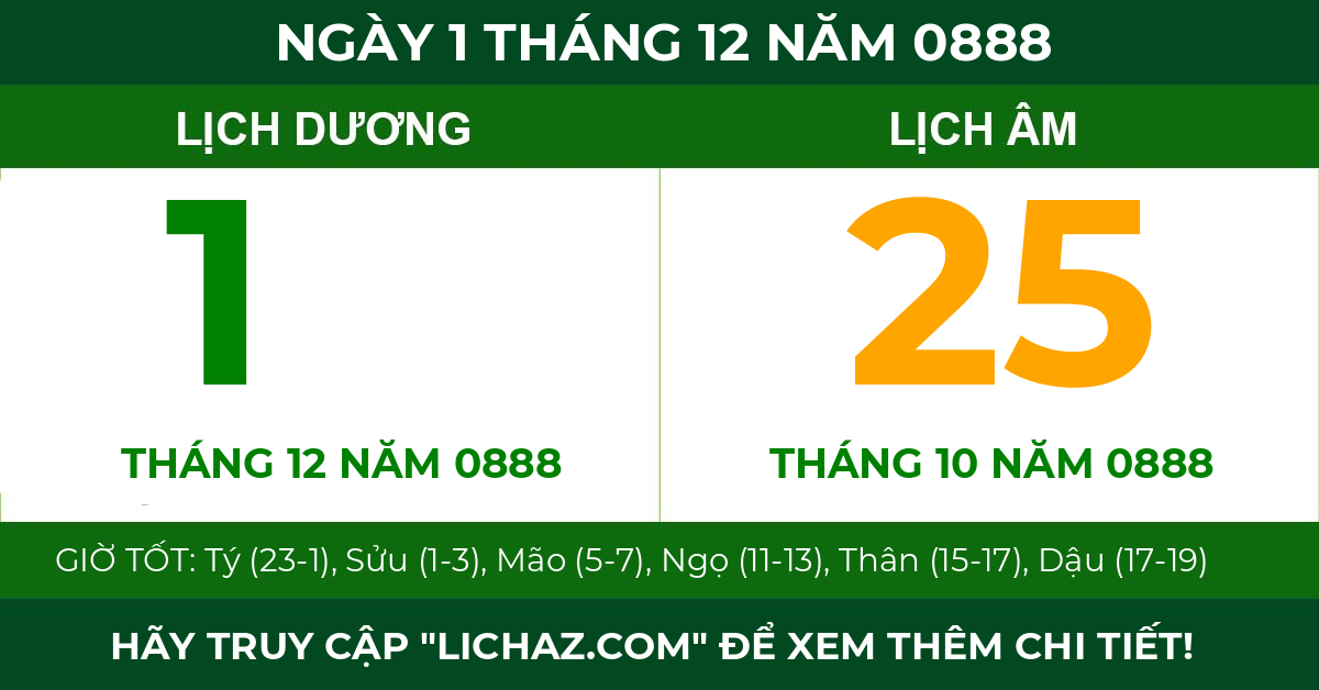 lịch âm ngày 1 tháng 12 năm 0888