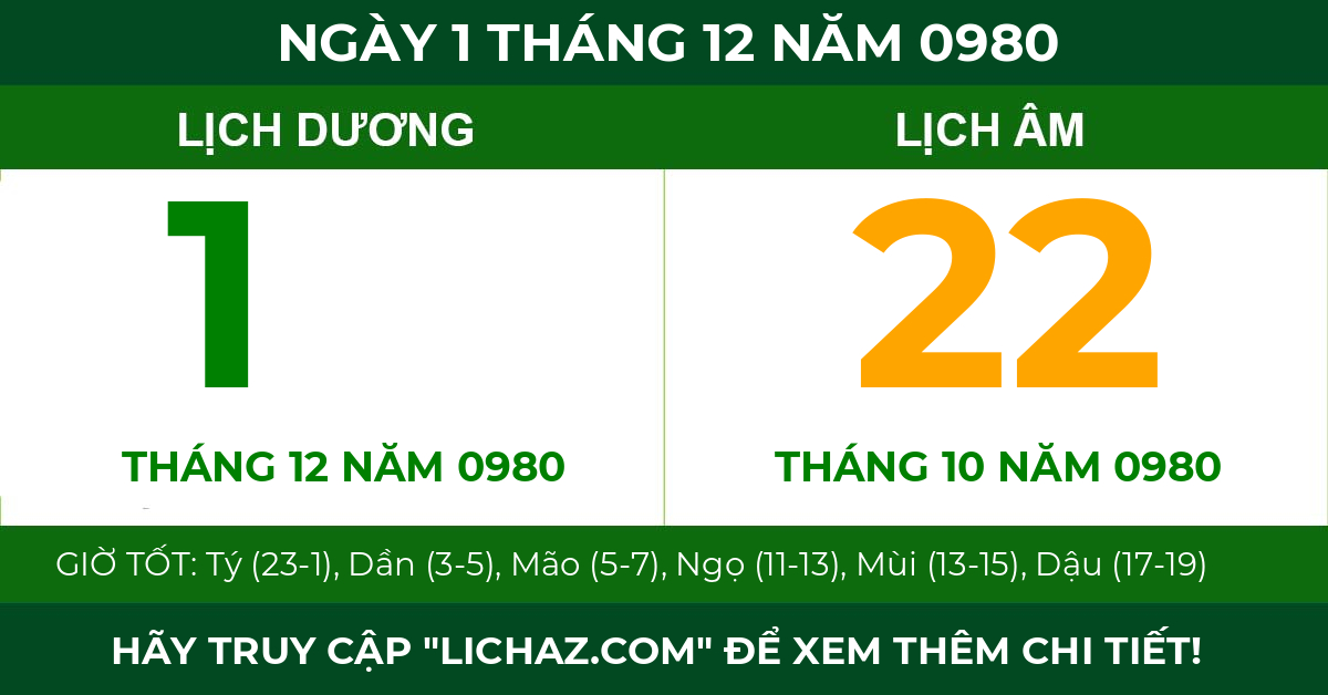 lịch âm ngày 1 tháng 12 năm 0980