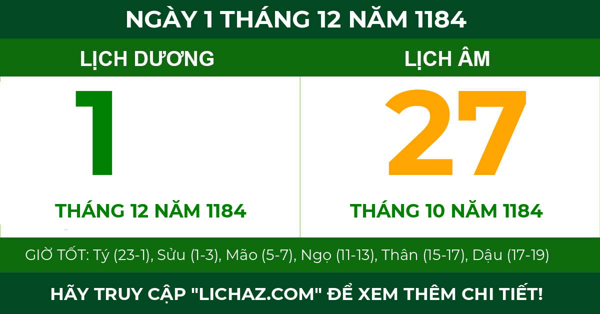 lịch âm ngày 1 tháng 12 năm 1184