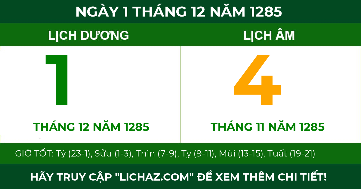 lịch âm ngày 1 tháng 12 năm 1285