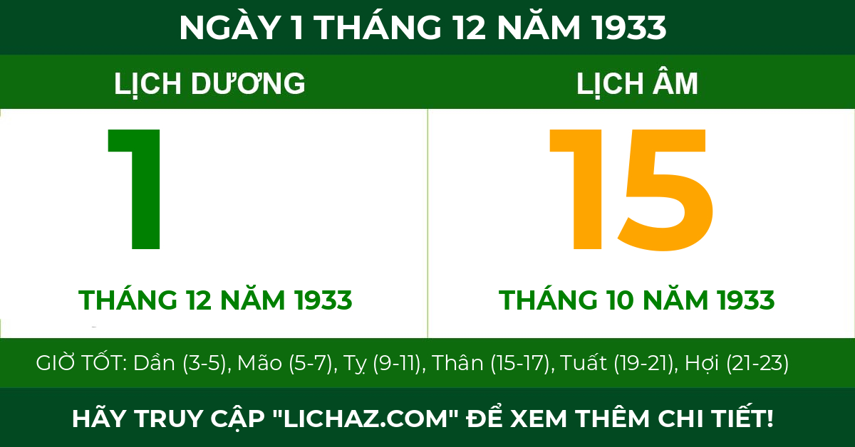 lịch âm ngày 1 tháng 12 năm 1933