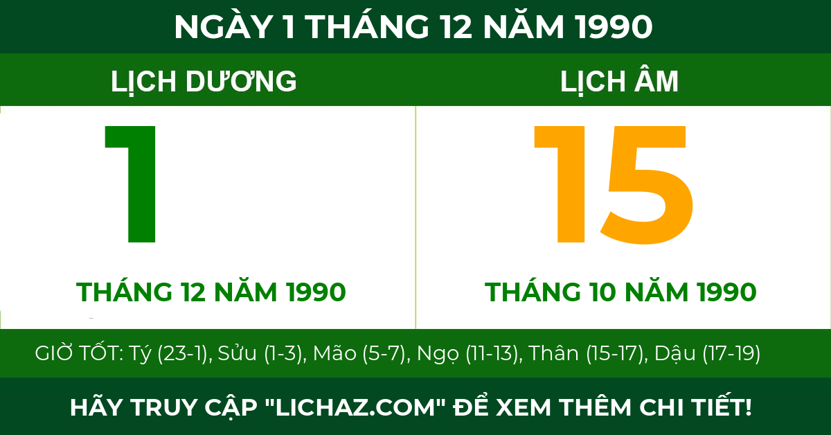 lịch âm ngày 1 tháng 12 năm 1990