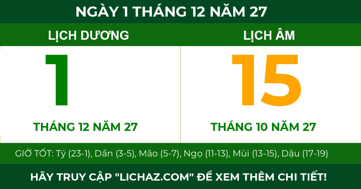 lịch âm ngày 1 tháng 12 năm 27