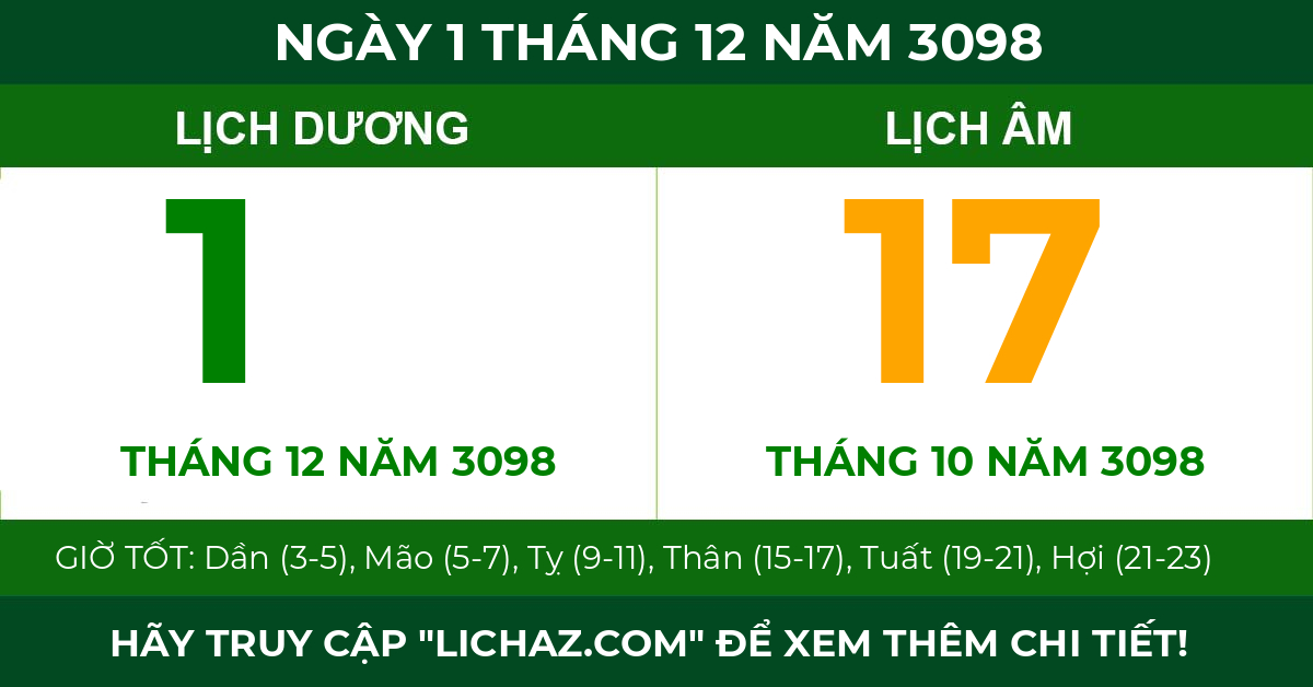 lịch âm ngày 1 tháng 12 năm 3098