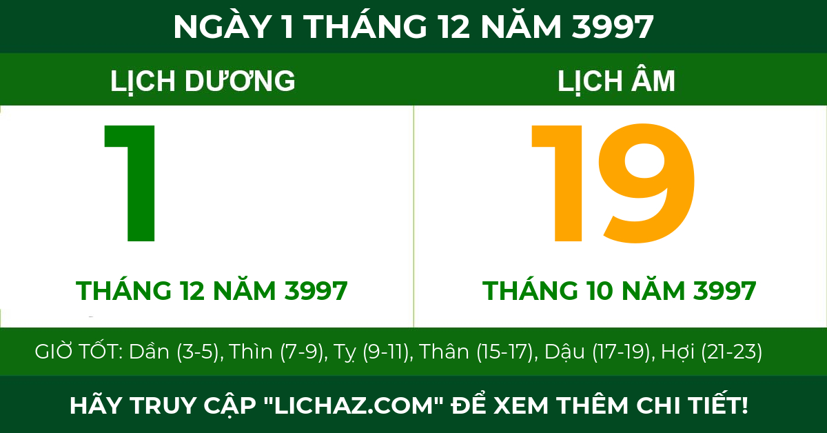 lịch âm ngày 1 tháng 12 năm 3997