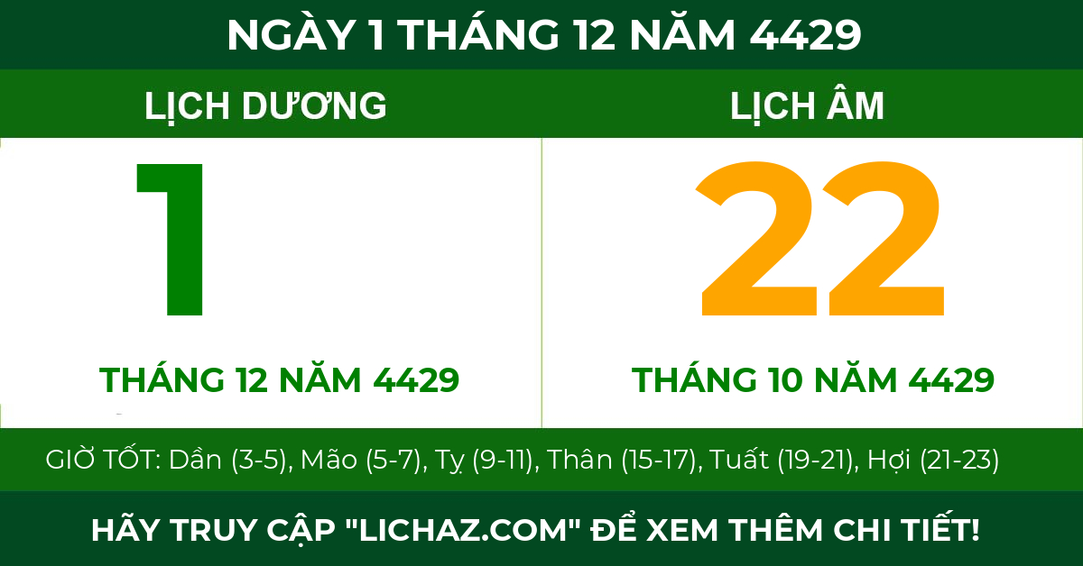 lịch âm ngày 1 tháng 12 năm 4429