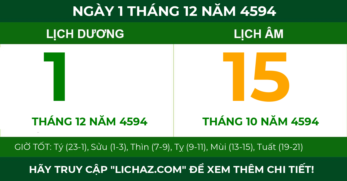 lịch âm ngày 1 tháng 12 năm 4594