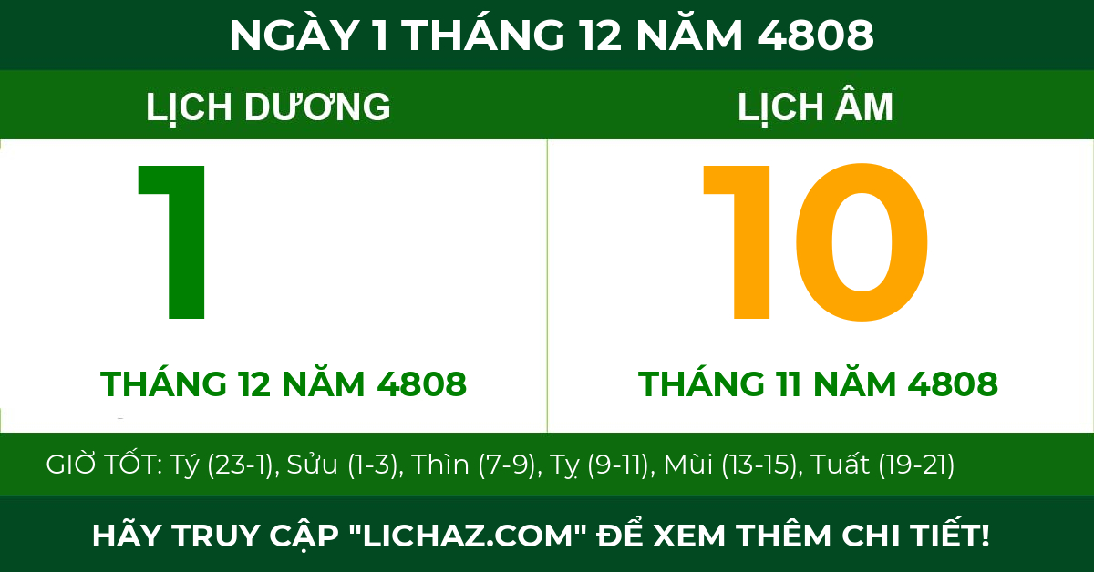 lịch âm ngày 1 tháng 12 năm 4808