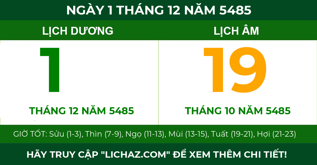 lịch âm ngày 1 tháng 12 năm 5485