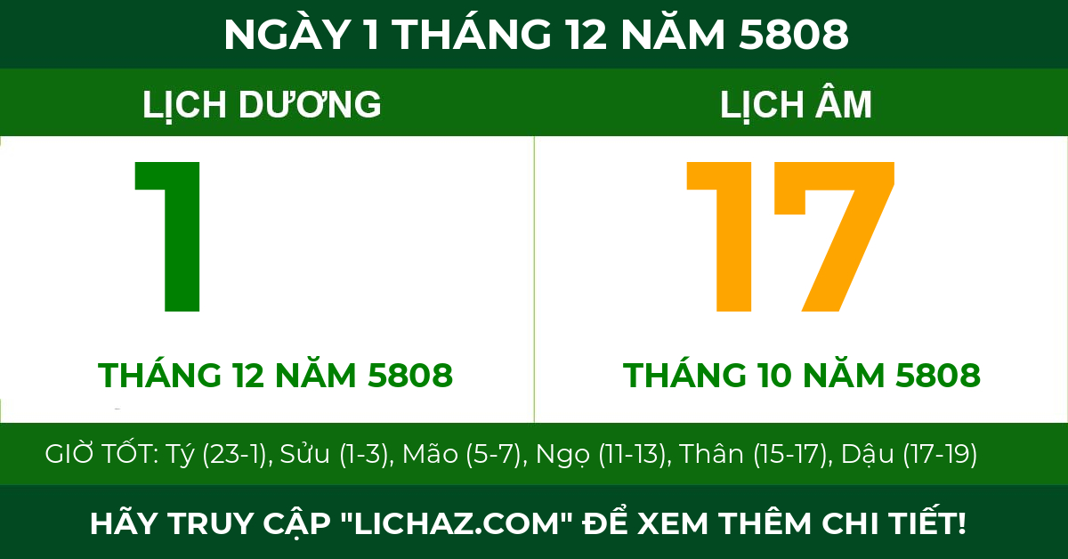 lịch âm ngày 1 tháng 12 năm 5808