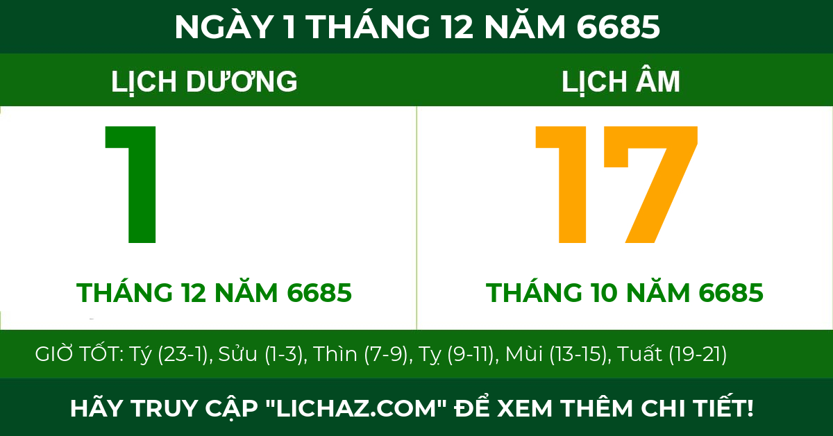 lịch âm ngày 1 tháng 12 năm 6685