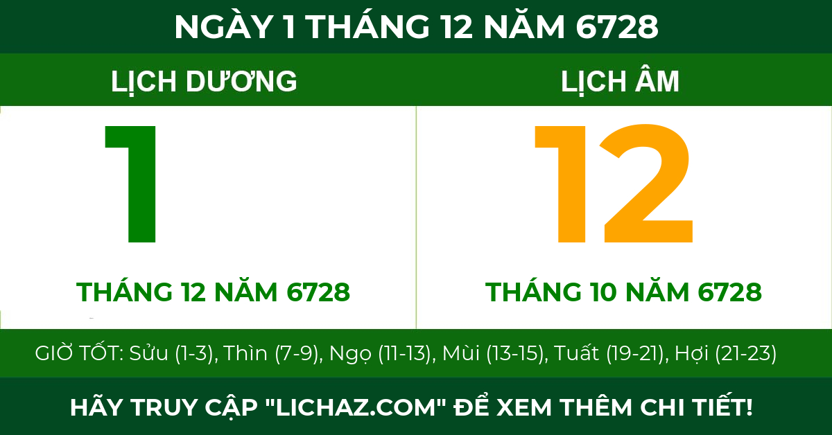 lịch âm ngày 1 tháng 12 năm 6728