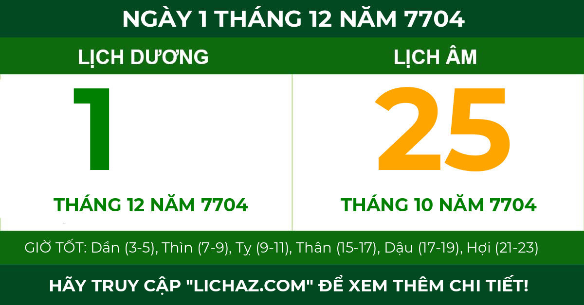 lịch âm ngày 1 tháng 12 năm 7704