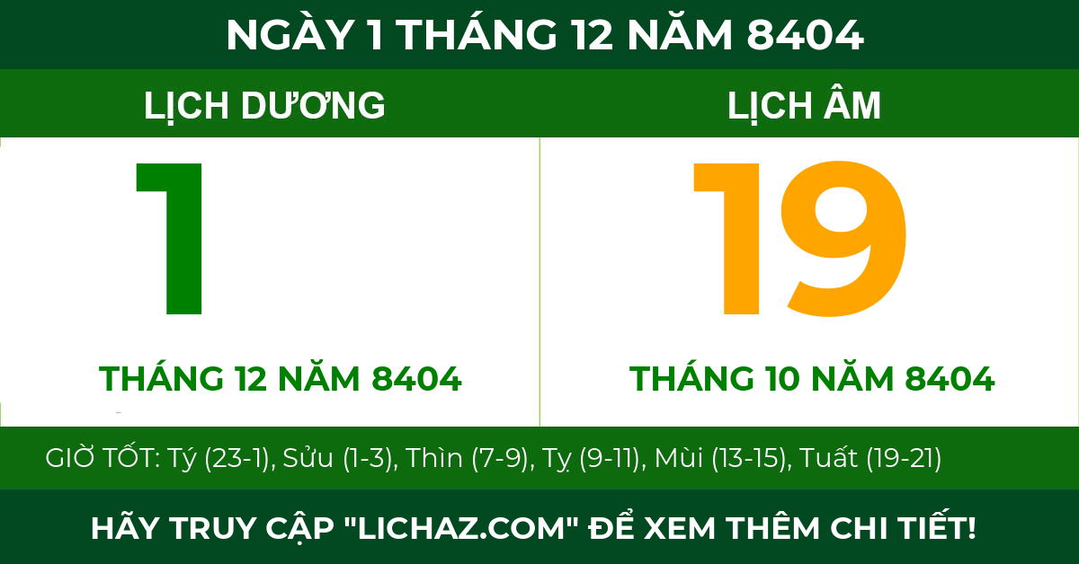lịch âm ngày 1 tháng 12 năm 8404