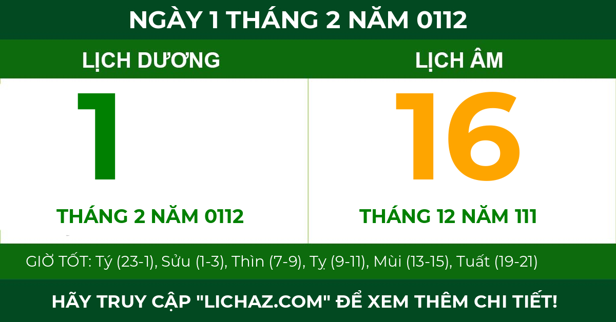 lịch âm ngày 1 tháng 2 năm 0112