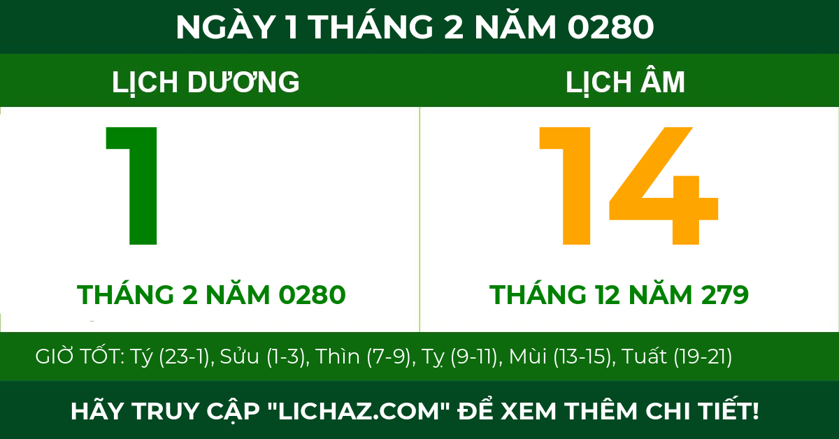 lịch âm ngày 1 tháng 2 năm 0280