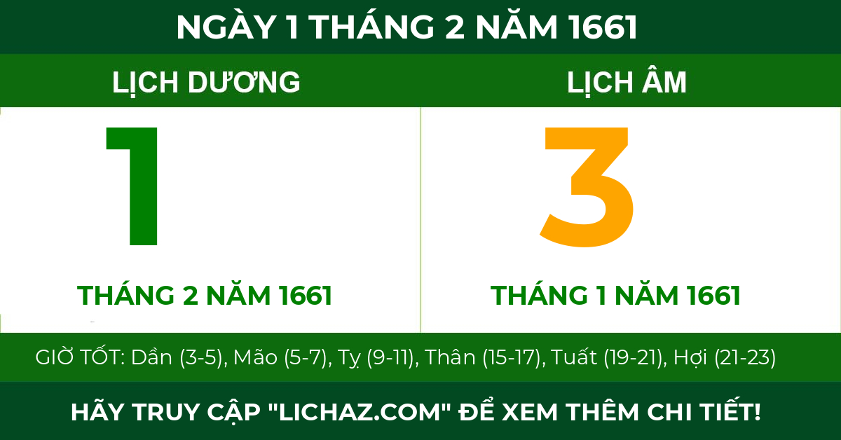 lịch âm ngày 1 tháng 2 năm 1661