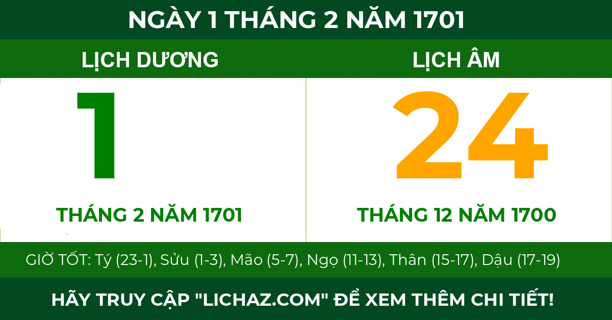 lịch âm ngày 1 tháng 2 năm 1701