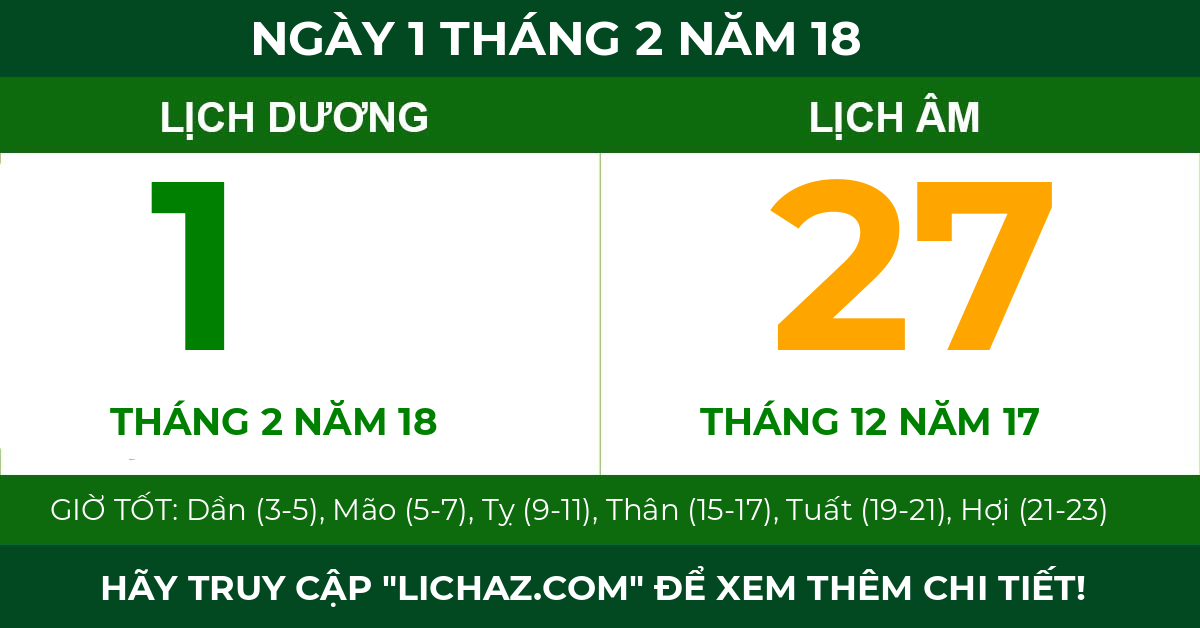 lịch âm ngày 1 tháng 2 năm 18