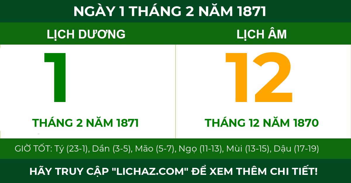 lịch âm ngày 1 tháng 2 năm 1871