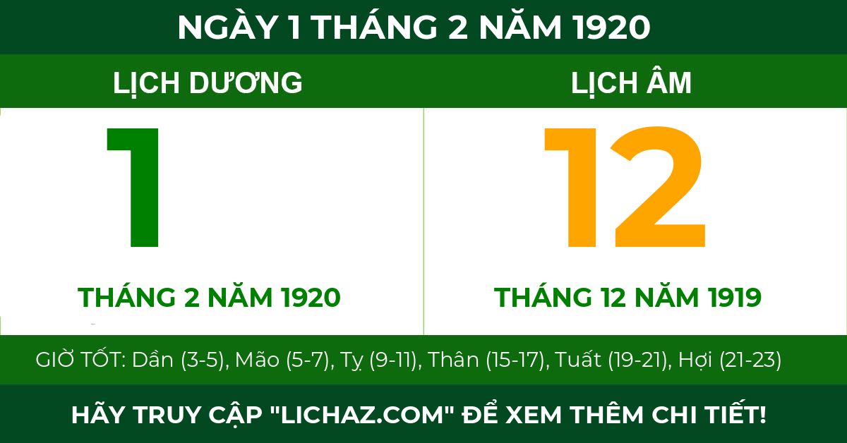 lịch âm ngày 1 tháng 2 năm 1920