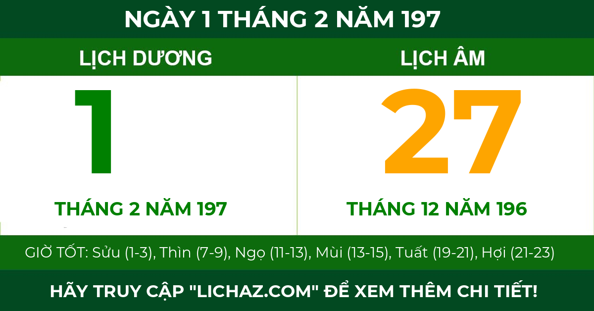 lịch âm ngày 1 tháng 2 năm 197
