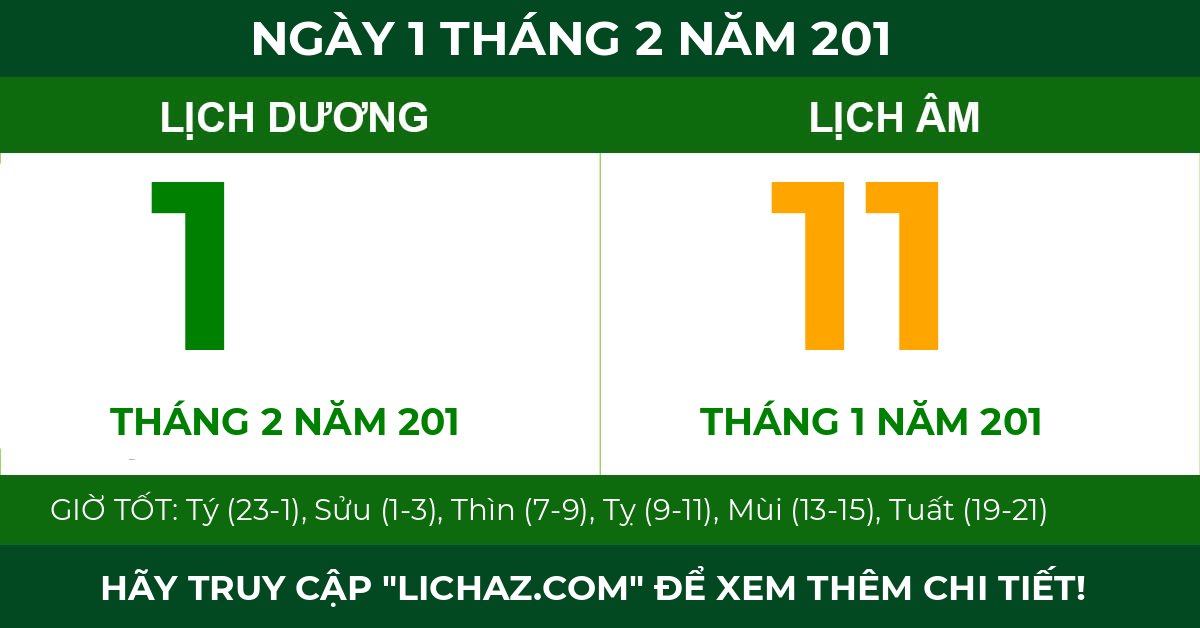 lịch âm ngày 1 tháng 2 năm 201