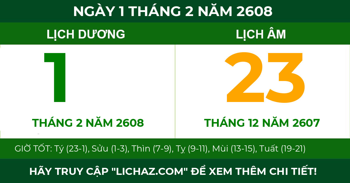 lịch âm ngày 1 tháng 2 năm 2608