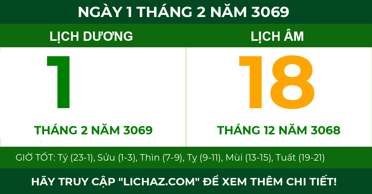 lịch âm ngày 1 tháng 2 năm 3069