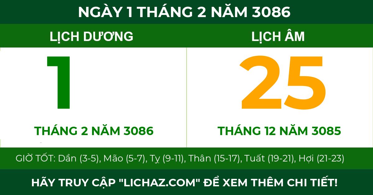 lịch âm ngày 1 tháng 2 năm 3086