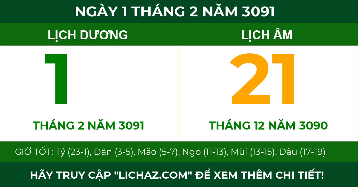 lịch âm ngày 1 tháng 2 năm 3091