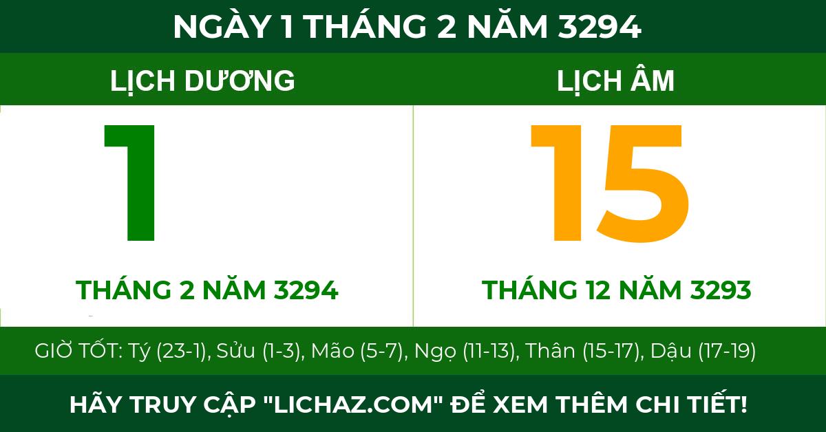 lịch âm ngày 1 tháng 2 năm 3294