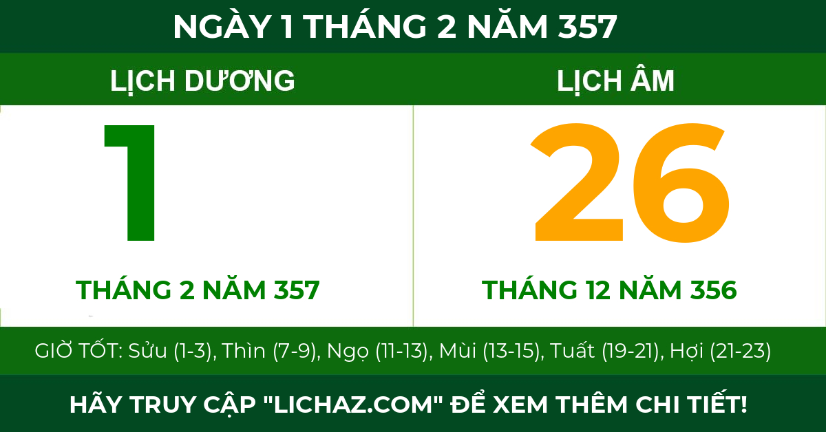 lịch âm ngày 1 tháng 2 năm 357