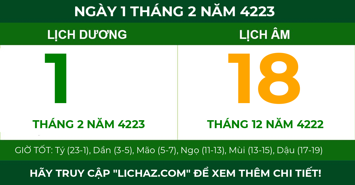 lịch âm ngày 1 tháng 2 năm 4223