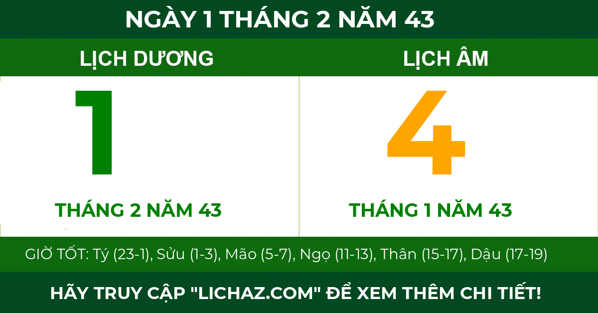 lịch âm ngày 1 tháng 2 năm 43