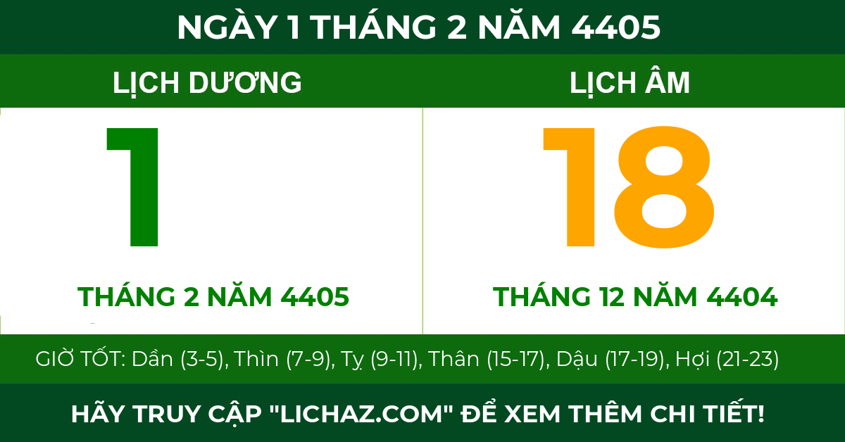 lịch âm ngày 1 tháng 2 năm 4405