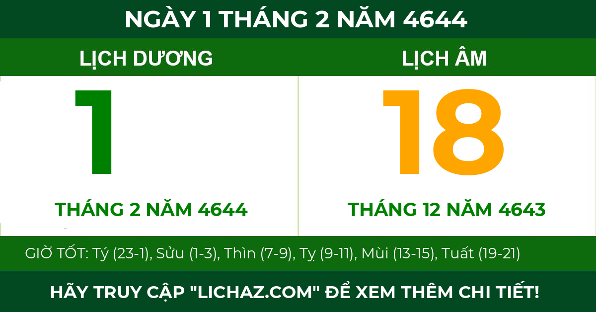 lịch âm ngày 1 tháng 2 năm 4644