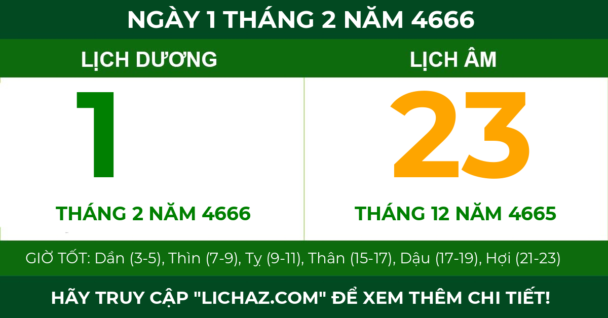 lịch âm ngày 1 tháng 2 năm 4666
