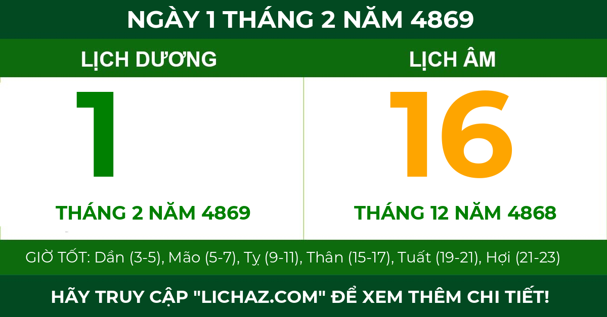 lịch âm ngày 1 tháng 2 năm 4869