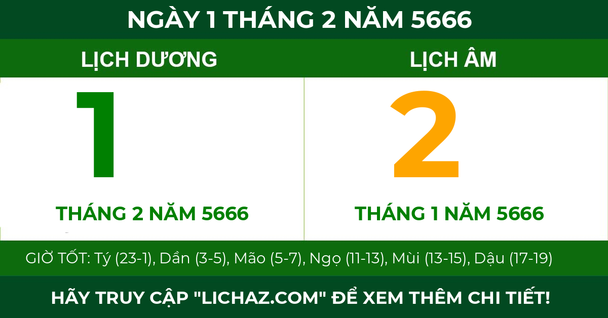 lịch âm ngày 1 tháng 2 năm 5666