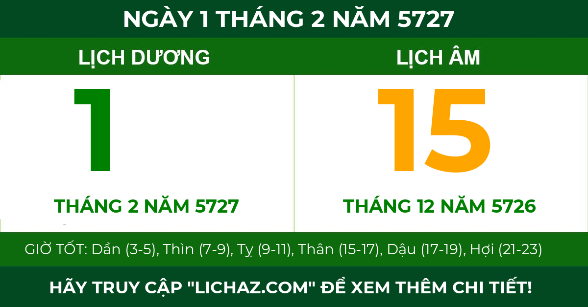 lịch âm ngày 1 tháng 2 năm 5727