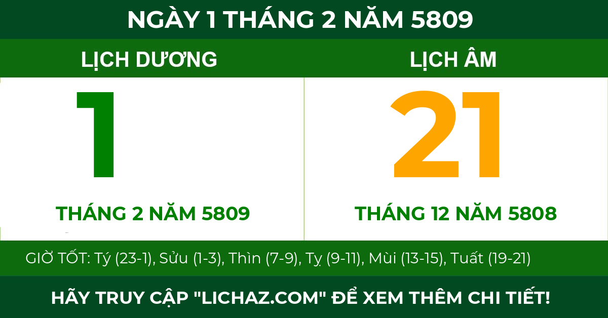 lịch âm ngày 1 tháng 2 năm 5809