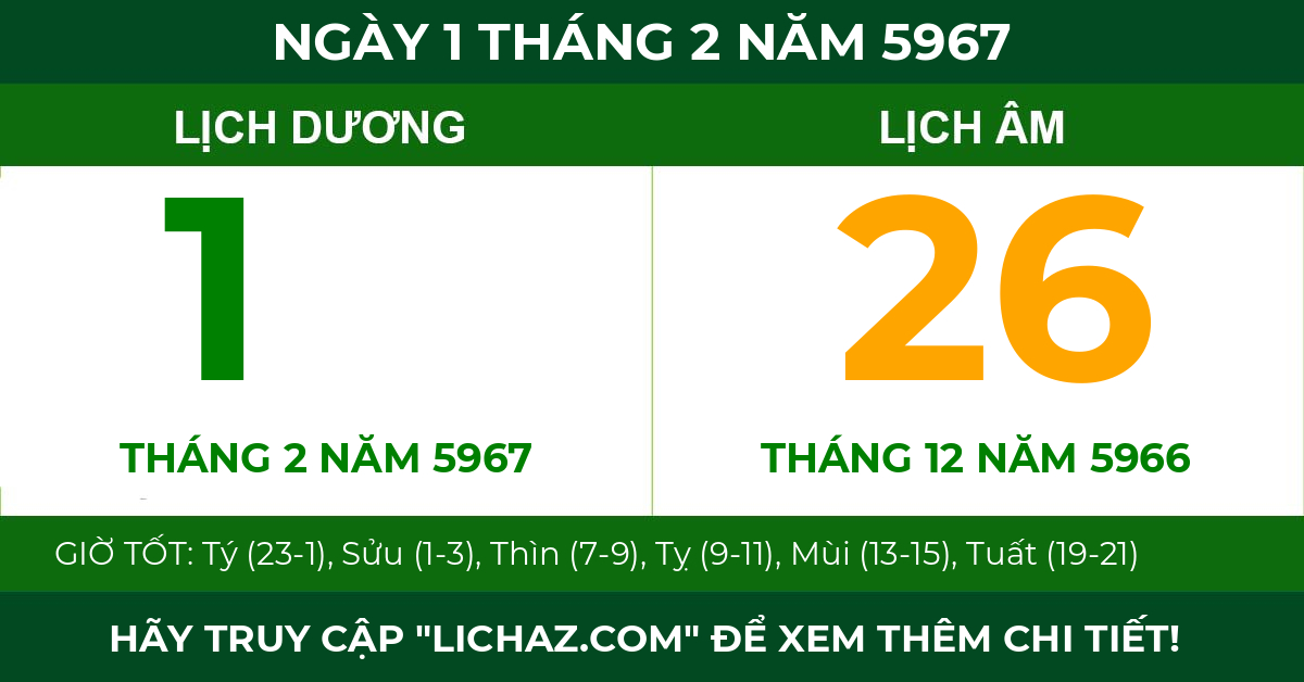 lịch âm ngày 1 tháng 2 năm 5967