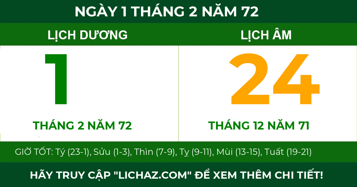 lịch âm ngày 1 tháng 2 năm 72