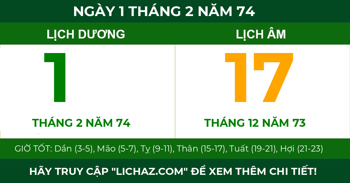 lịch âm ngày 1 tháng 2 năm 74