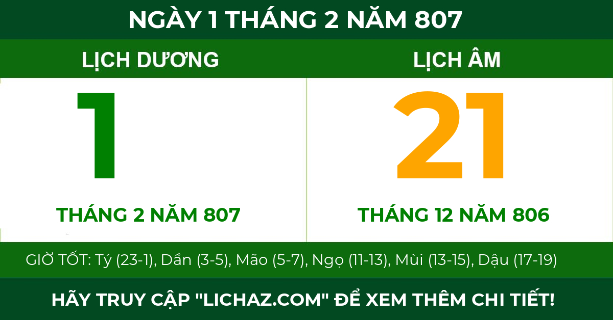 lịch âm ngày 1 tháng 2 năm 807