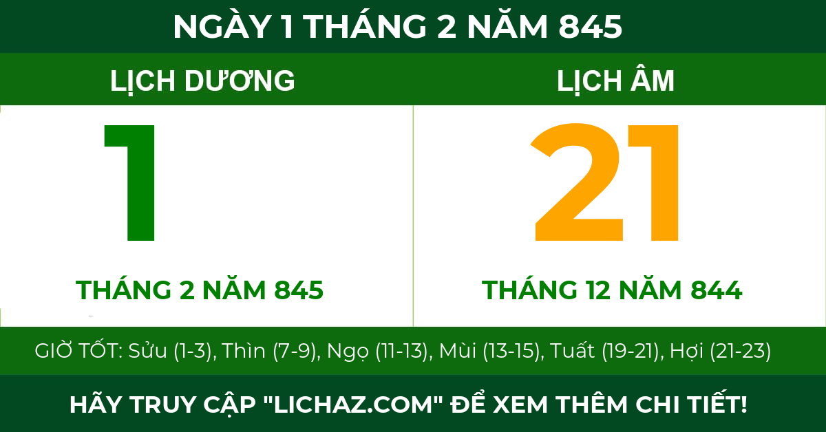 lịch âm ngày 1 tháng 2 năm 845