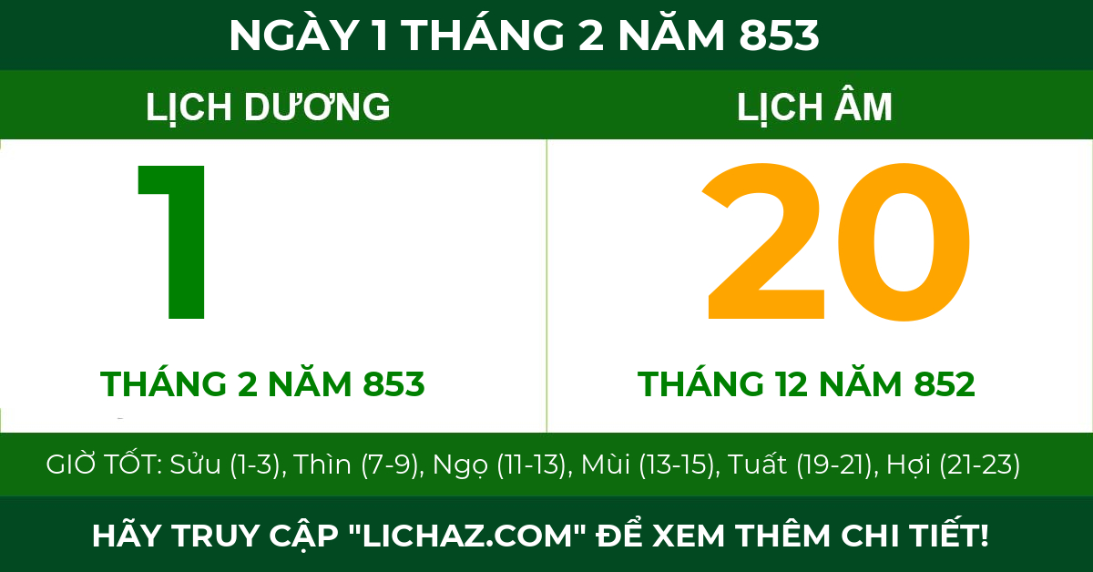 lịch âm ngày 1 tháng 2 năm 853